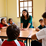 **A circle meeting in a sunlit Italian school classroom. Children are actively listening, showing empathy, and practicing active listening during a restorative justice conflict resolution exercise. A facilitator guides the discussion. The scene evokes a sense of trust and safety.** (Keywords: restorative justice, school, classroom, Italy, empathy, active listening, circle meeting, facilitator, children, trust, safe space).