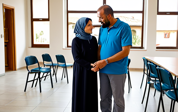 **
"A mediation session in a bright, modern community center in Italy. A facilitator is guiding a conversation between a victim (woman in her 40s, wearing a modest dress) and an offender (man in his 30s, wearing casual but respectful clothing). The scene exudes hope and reconciliation, with soft lighting and a focus on empathetic expressions. Background includes community members looking on supportively. Safe for work, appropriate content, fully clothed, professional setting, perfect anatomy, natural pose, modest attire, family-friendly."
**