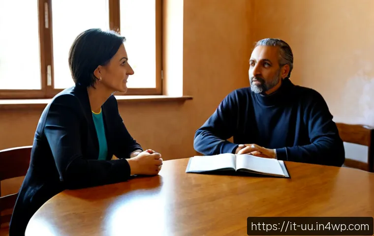 회복적 정의를 통한 범죄 피해자 지원 전략 - Photorealistic restorative justice support meeting in a welcoming Italian community center, a compas...